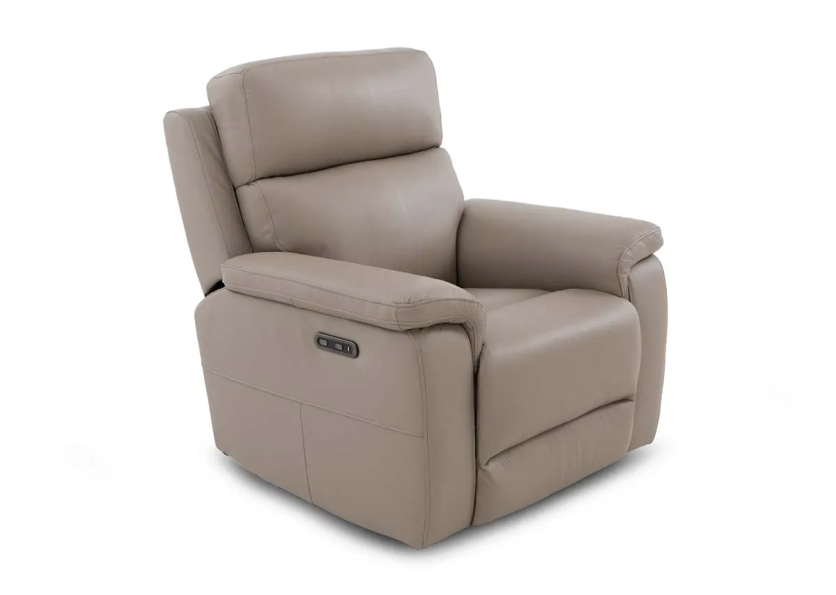 A beige leather recliner from EZ Livings Raven range. Angled view.
