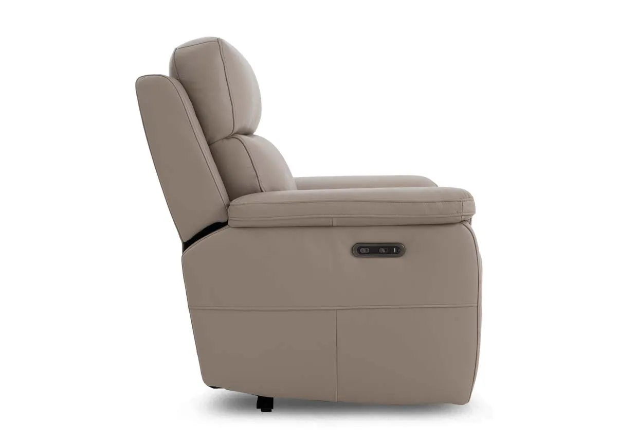 A beige leather recliner from EZ Livings Raven range.Side view