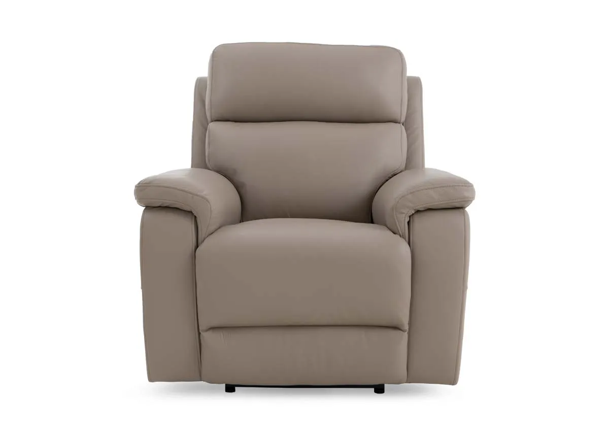 A beige leather recliner from EZ Livings Raven range.Front view of padded seat and back cushions.