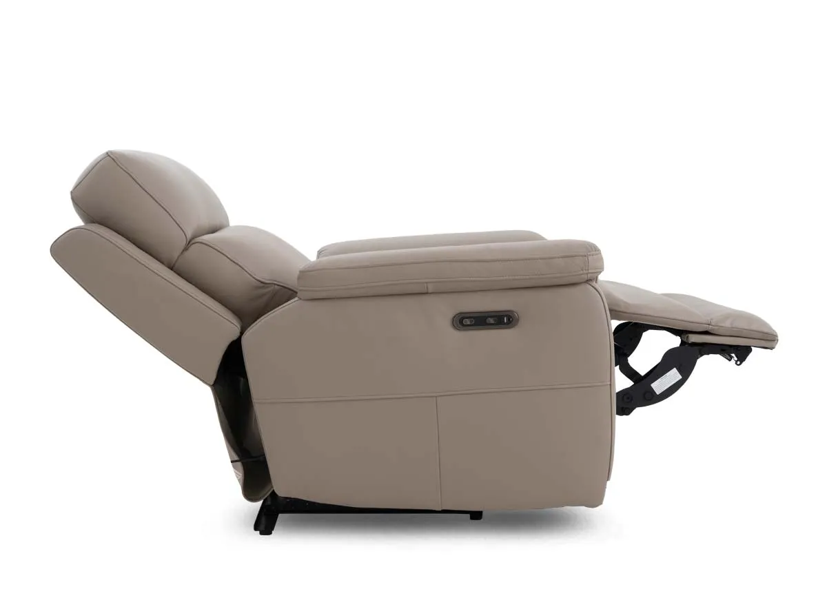 A beige leather recliner from EZ Livings Raven range. Side view of armchair fully reclined.