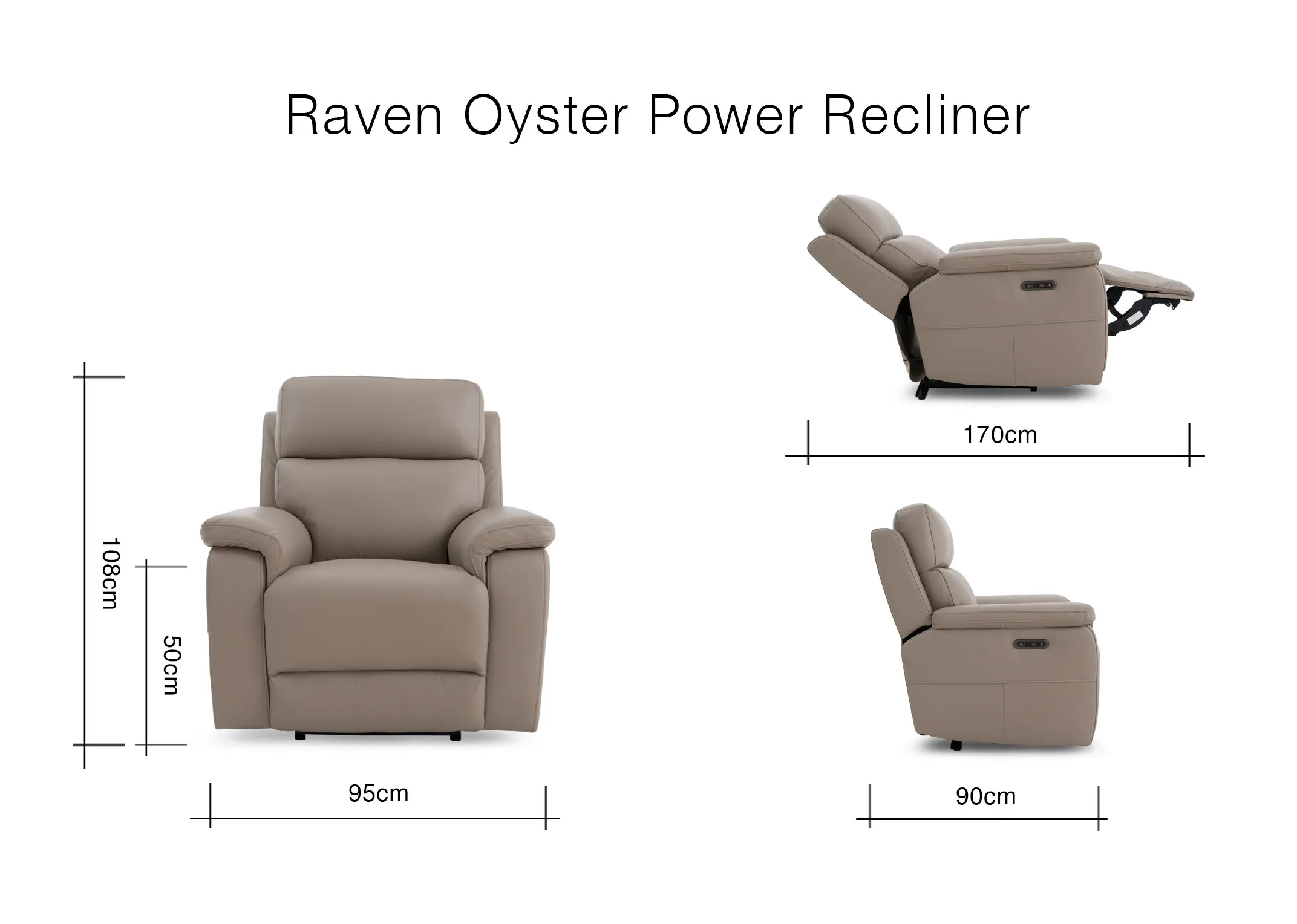 A dimension image of the Raven Power Recliner with 95cm x 108cm x 98-170cm