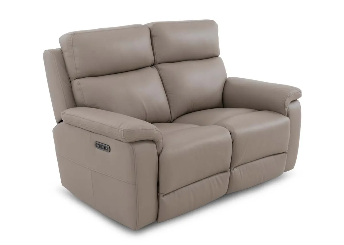 A 2 seater leather power reclining sofa in a fixed position from EZ Livings Raven range. Angled view.