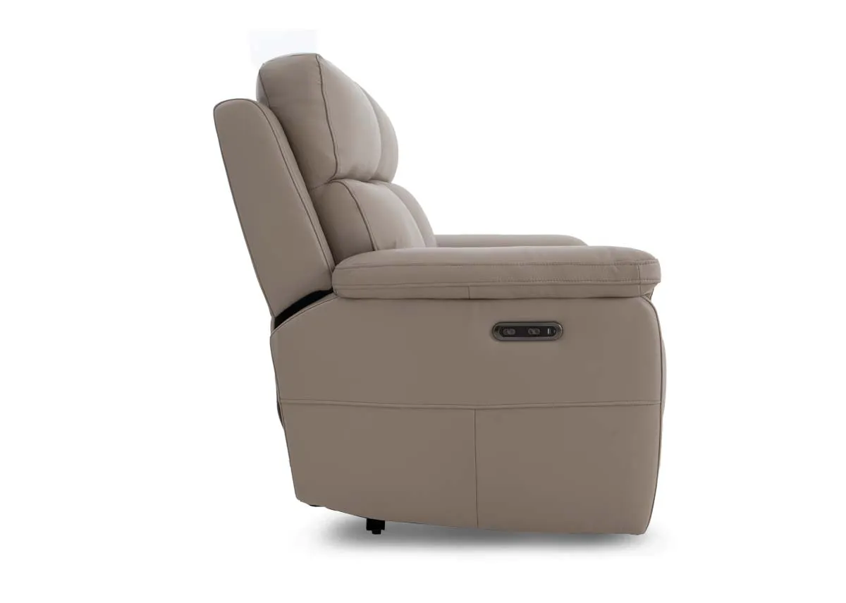 A 3 seater leather power reclining sofa from EZ Livings Raven range. View of back of warrantied sofa