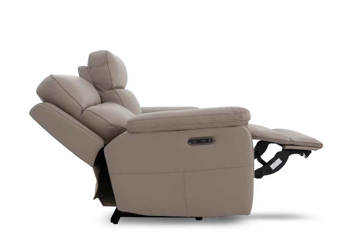 A 3 seater leather power reclining sofa from EZ Livings Raven range. Front view of padded seat and back rests