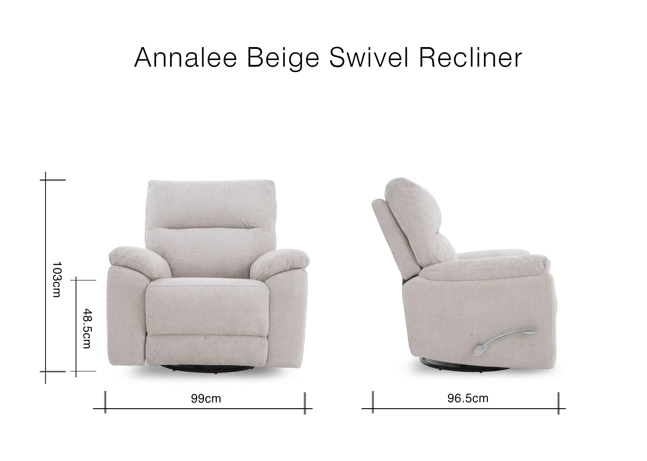 A dimension image of the Annalee Swivel Recliner with 99.5cm x 96cm x 103cm
