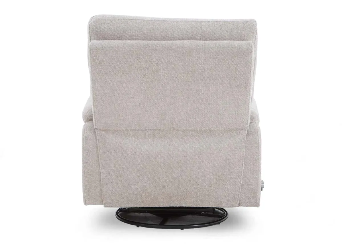 A beige fabric swivel recliner from EZ Livings Annalee range. Back view 
