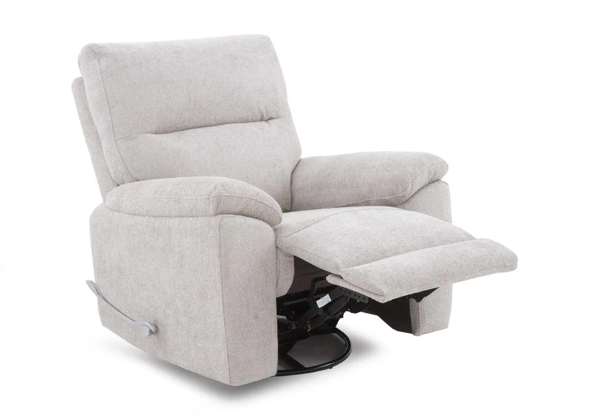 A beige fabric swivel recliner from EZ Livings Annalee range. Angled view with seat reclined
