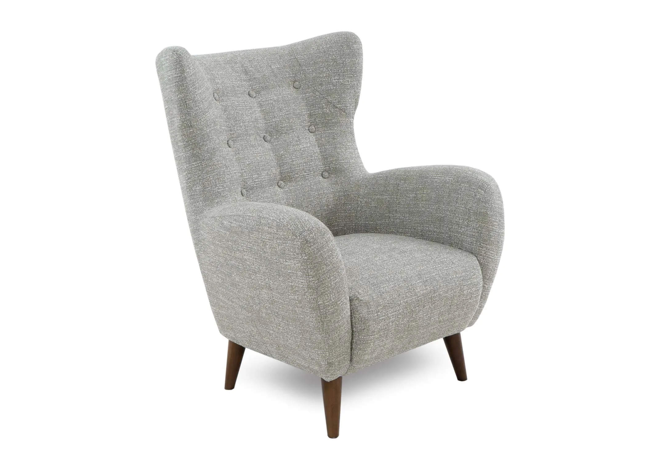 A light green fabric armchair from EZ Livings Bronx range. Angled view of winged arm occasional.