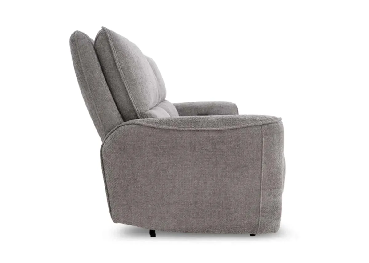 A grey 2 seater with power reclining functions from EZ Livings Ashbrook range. Side view of reclined chair