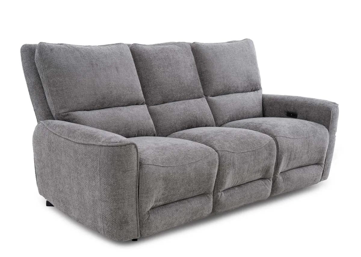 A 3 seater grey fabric power recliner from EZ Livings Ashbrook range. Angled view of sofa