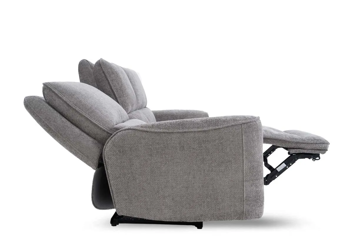 A 3 seater grey fabric power recliner from EZ Livings Ashbrook range. Side view of fabric and finish