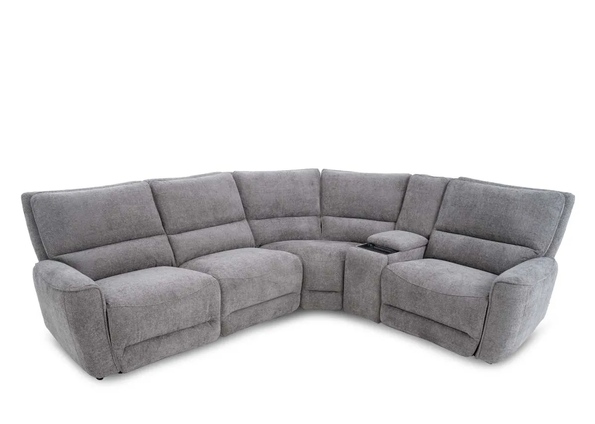 A grey fabric large corner sofa from EZ Livings Ashbrook range. Angled view of 1 seater corner part