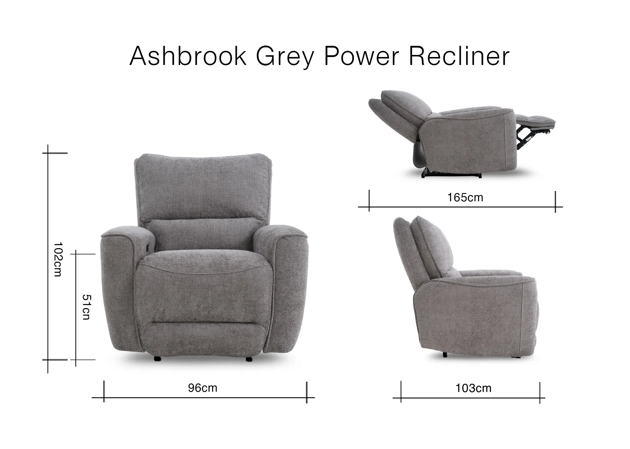 A dimension image of the Ashbrook Recliner with 96cm x 103-165cm