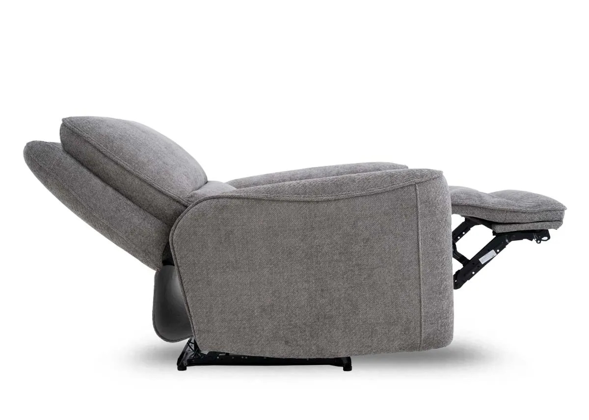 A grey fabric recliner from EZ Livings Ashbrook range. Side view of armchair reclined
