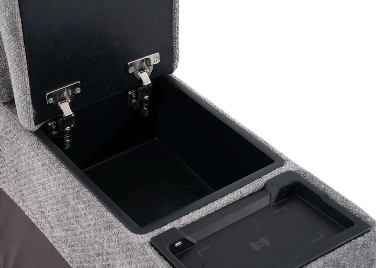 A grey fabric drinks holder from EZ Livings Ashbrook range. Closeup of concealed storage space  under the armrest