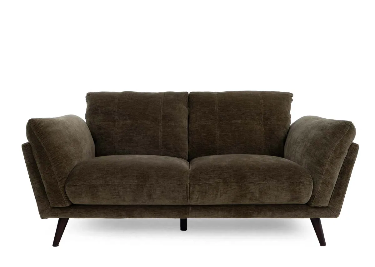 A 2 seater olive green fabric sofa from EZ Livings Toscana range. Front view