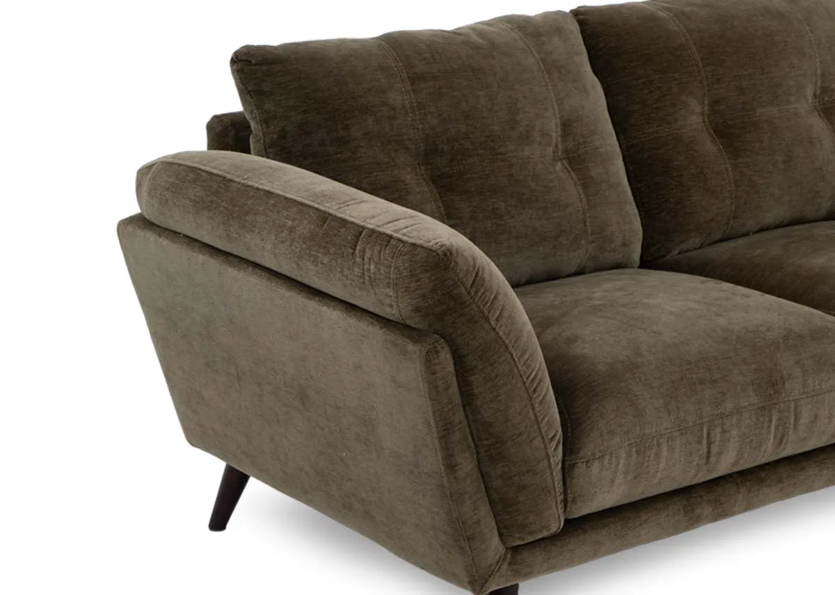 A 2 seater olive green fabric sofa from EZ Livings Toscana range.  Angled view of olive green fabric