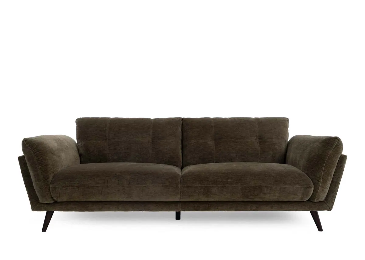 A 2 seater olive green fabric sofa from EZ Livings Toscana range. Side view