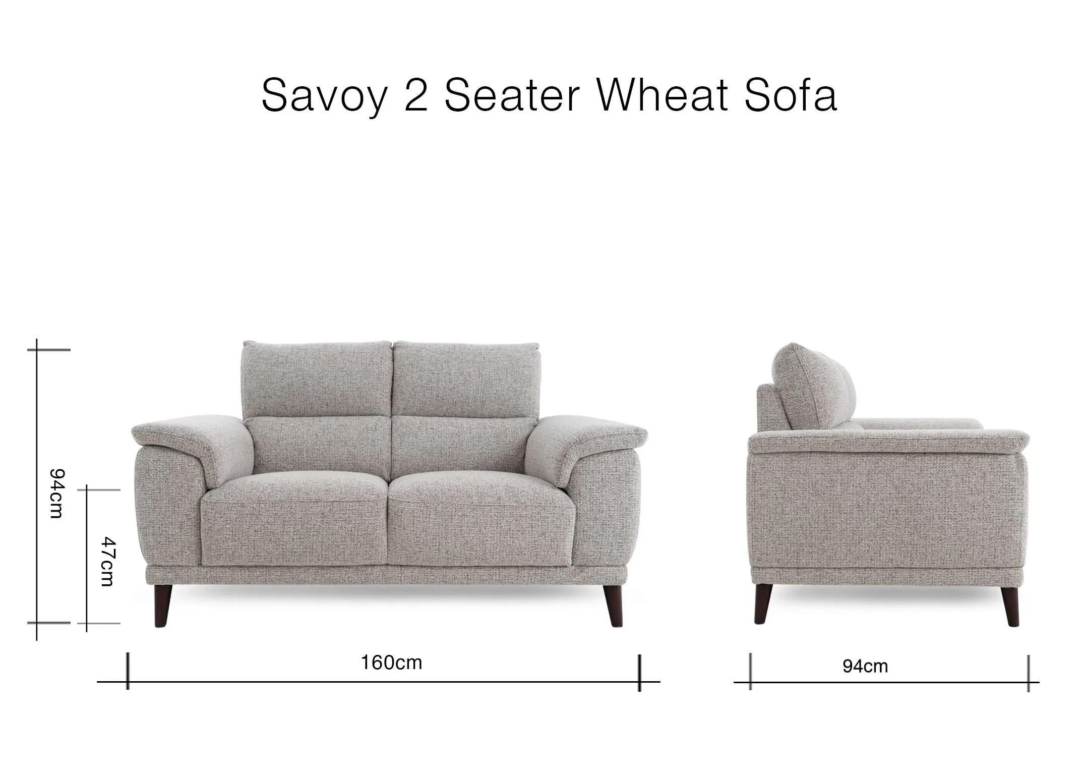A dimension image of the Savoy 2 Seater sofa with 160cm x 94cm x 94xm