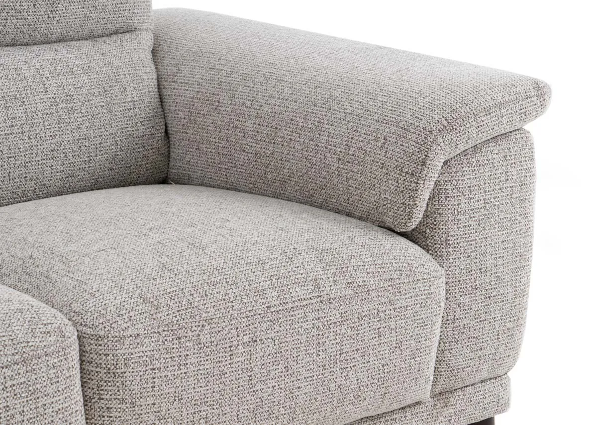 A beige fabric 2 seater sofa from EZ Livings Savoy range. Closeupm of padded armrests.