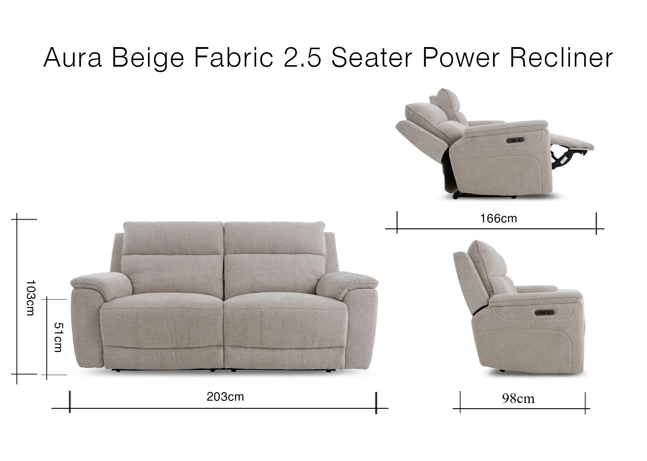 A dimension image of the Aura 2.5 seater recliner with 203cm x 98-166cm x 51cm x 103cm