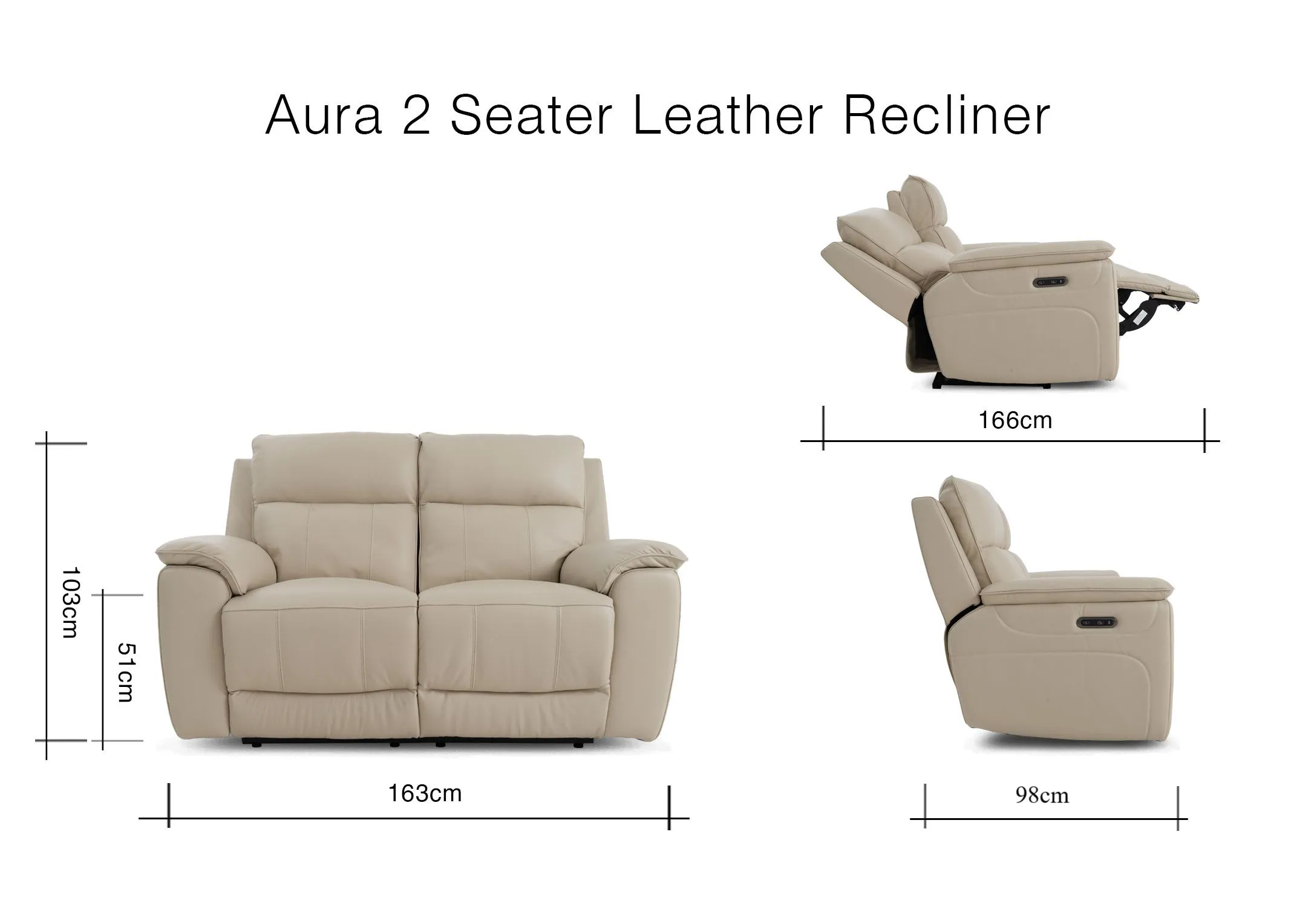 A dimension image of the Aura 2 seater recliner with 168cm x 102cm x 98-166cm