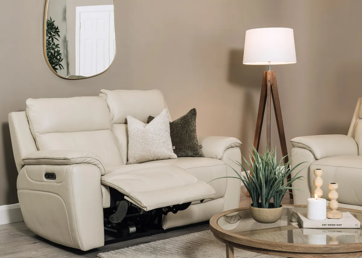 2 Seater Beige Leather Power Reclining Sofa - Aura