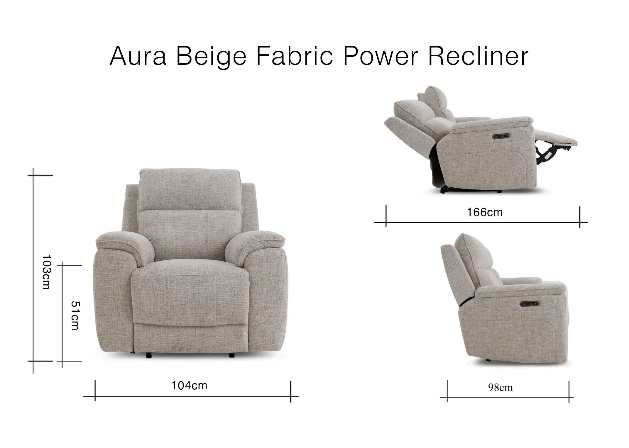 A dimension image of the Aura Beige Recliner 104cm x 103cm x 98-166cm