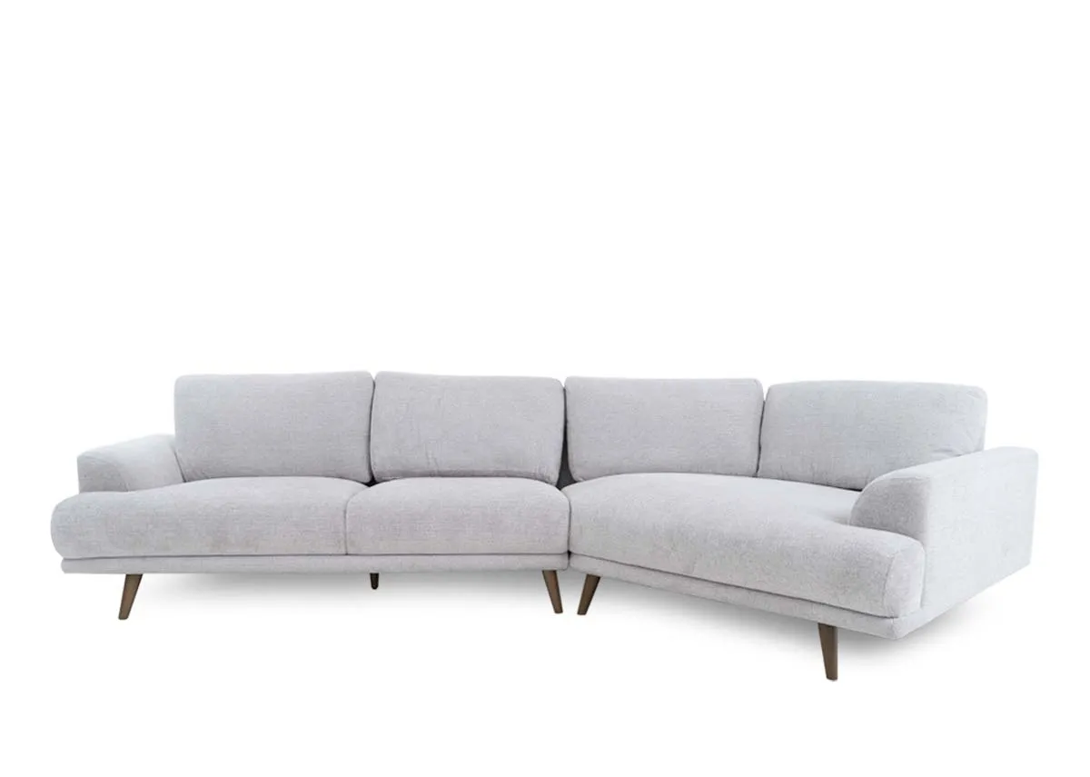 A stone grey corner sofa from EZ Livings Legend range. Side view of armrest on 1.5 seater