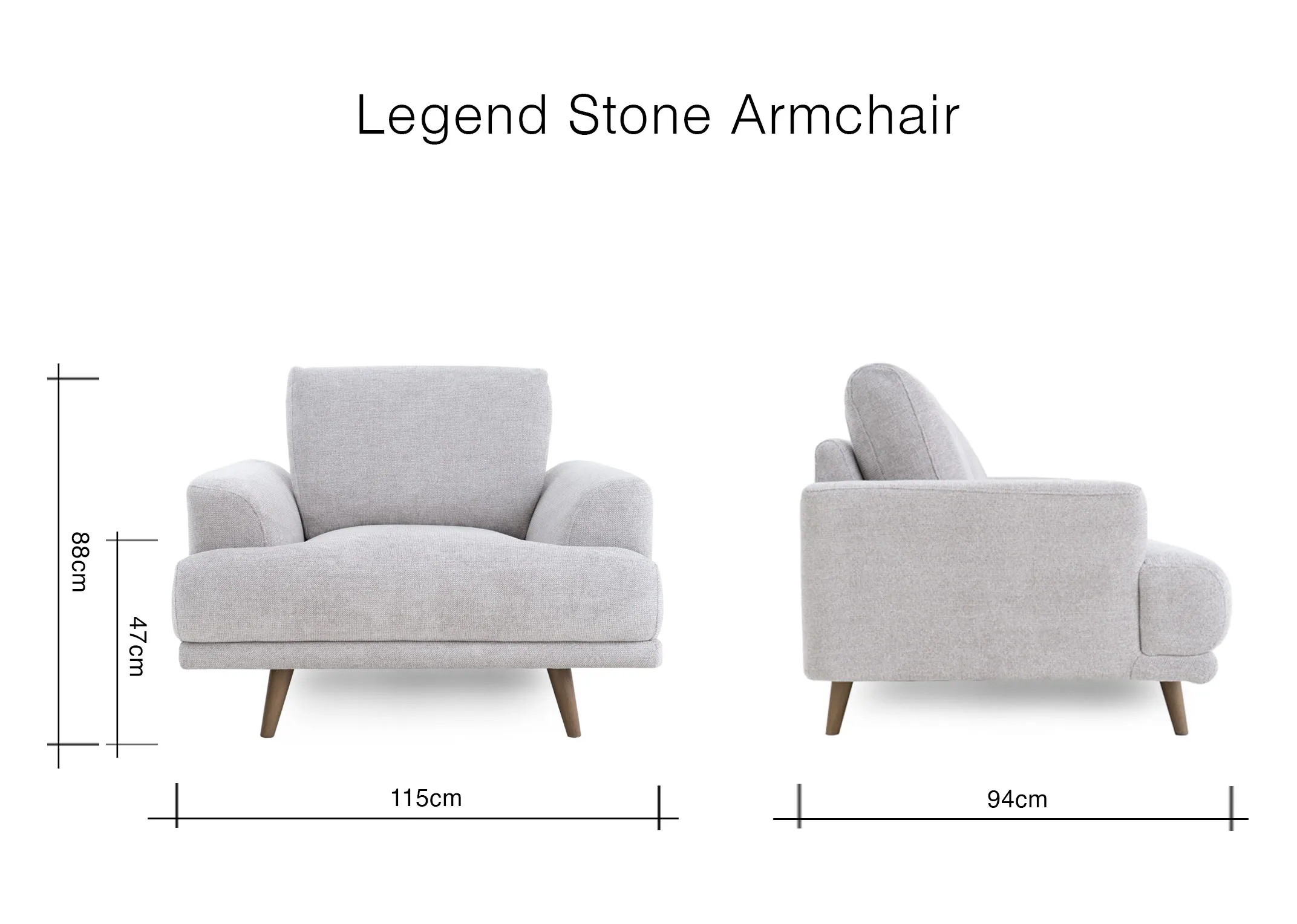 A dimension image of the Legend Stone Armchair with 115cm x 94cm x 88cm