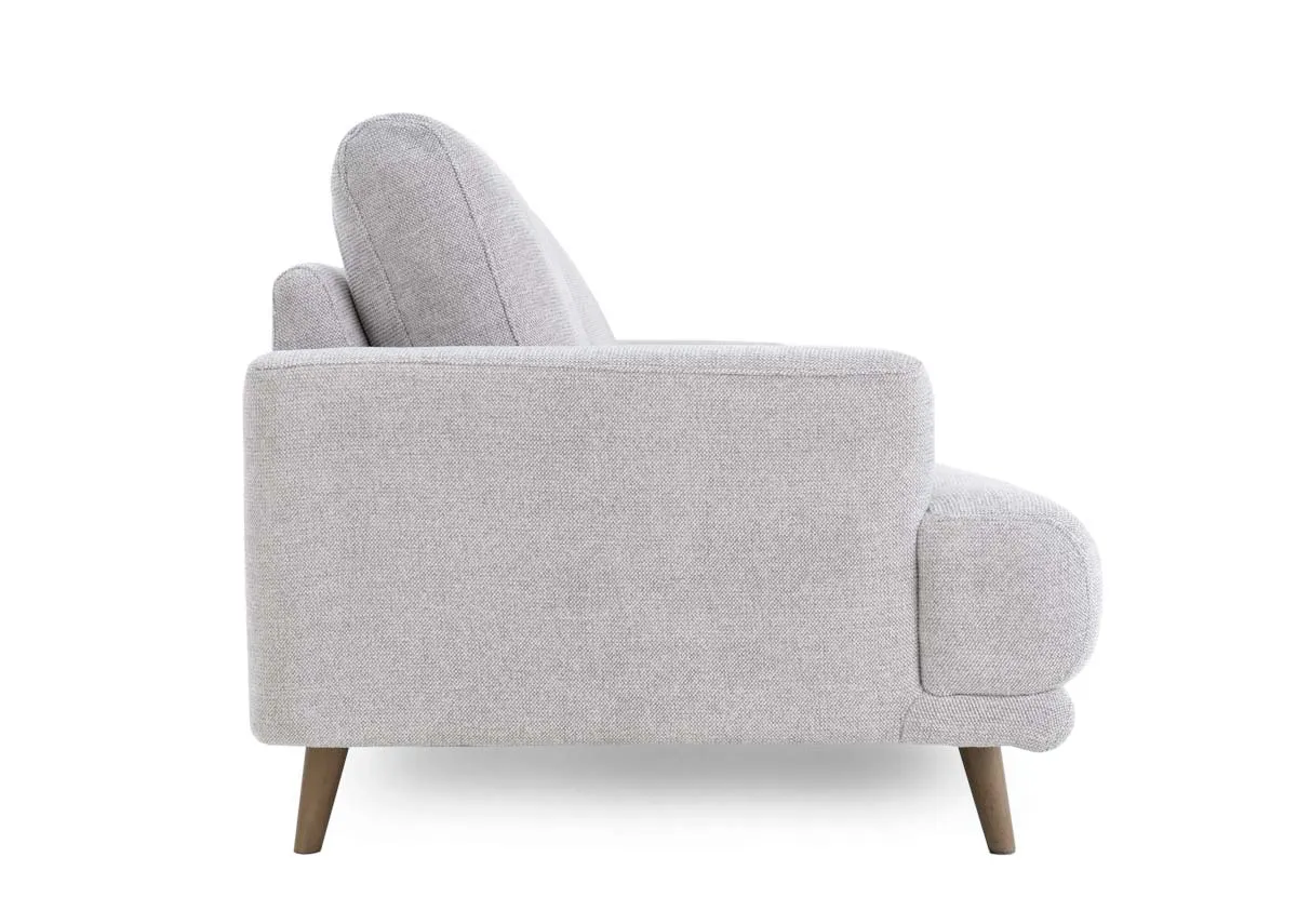 A light grey fabric 2 seater sofa from EZ Livings Legend range. Side view of wide armrests