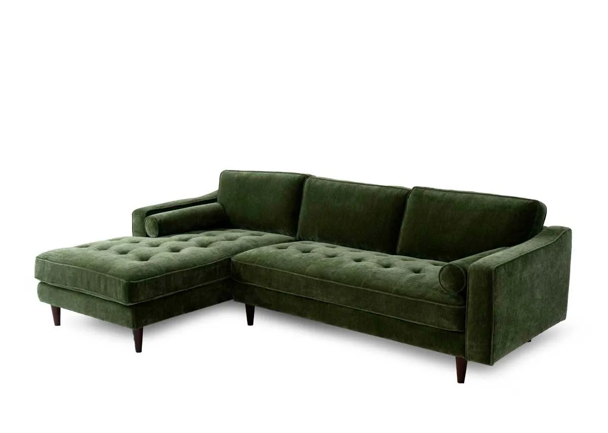 A green fabric LHF Corner chaise from EZ Livings Genoa range. Angled veiw of tufted seat detail
