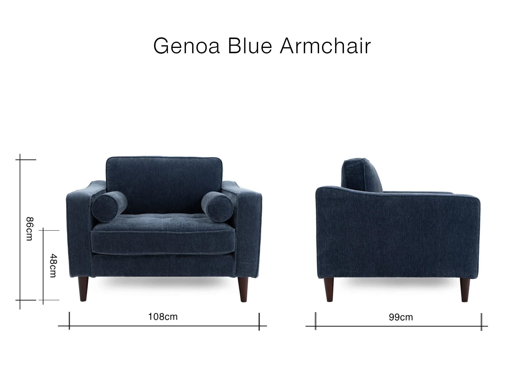 A dimension image of the Genoa Armchair with 10cm x 99cm x 86cm