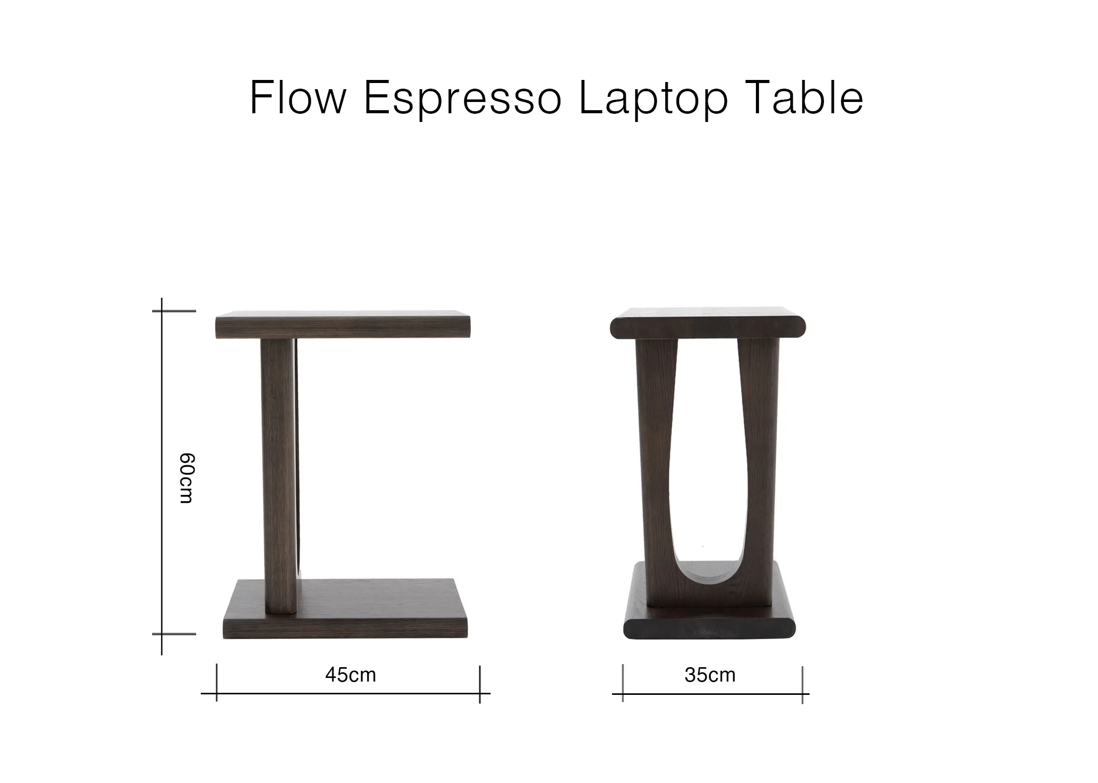 A dimension image of the Flow Espresso table with 45cm x 35cm x 60cm