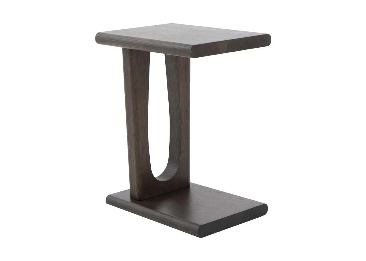 A dark oak laptop table from EZ Livings Flow range. Angled view of small side table.