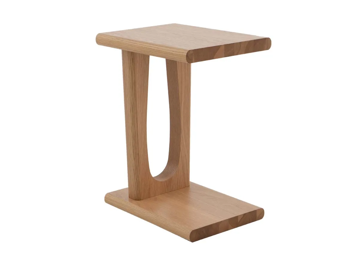 A natural oak laptop table from EZ Livings Flow range. Angled view of small side table.
