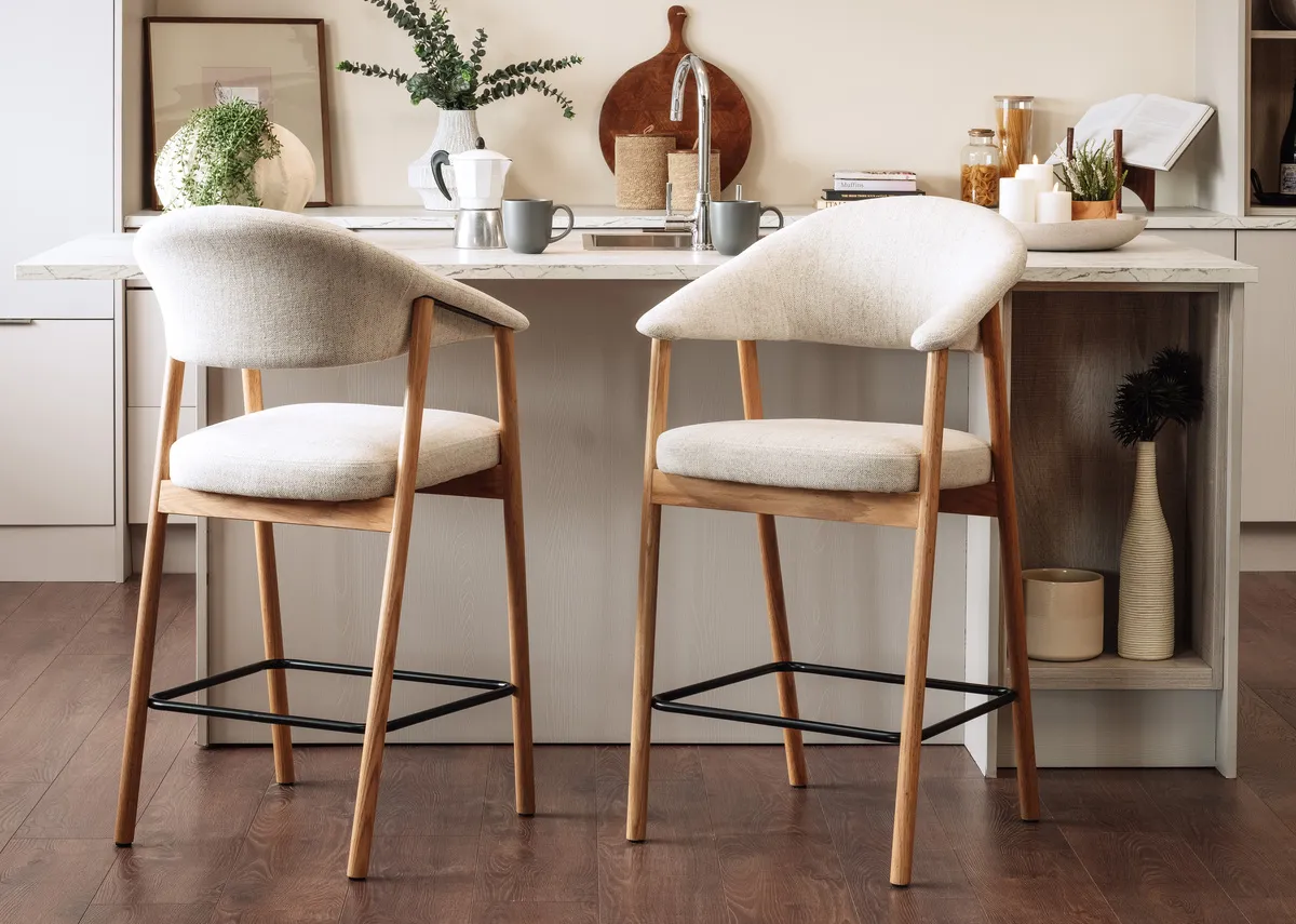 Natural Counter Bar Stool with Beige Fabric Seat - Elk