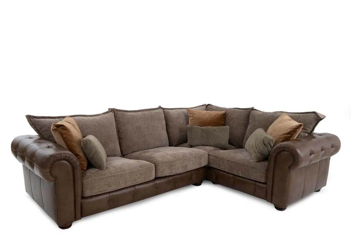 Large Brown Fabric & Leather RHF Corner Sofa - Nepal