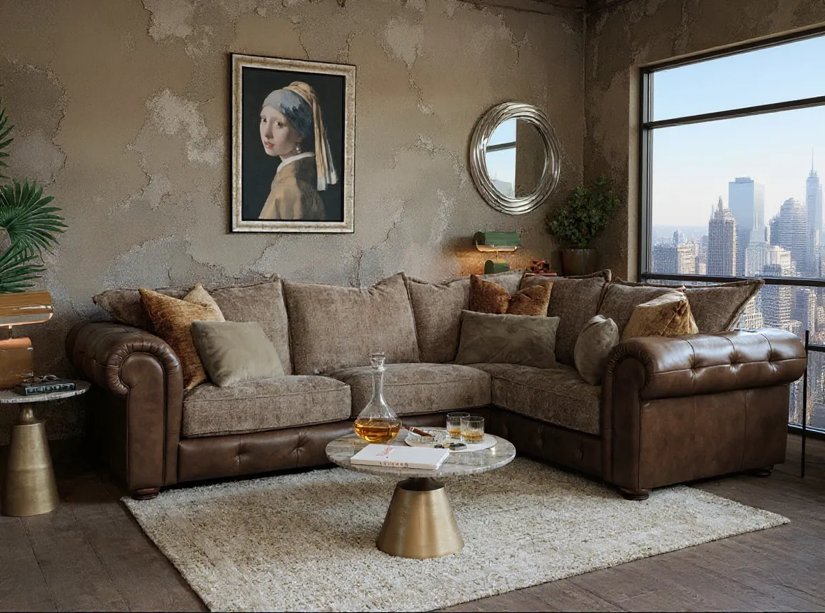 Large Brown Fabric & Leather RHF Corner Sofa - Nepal