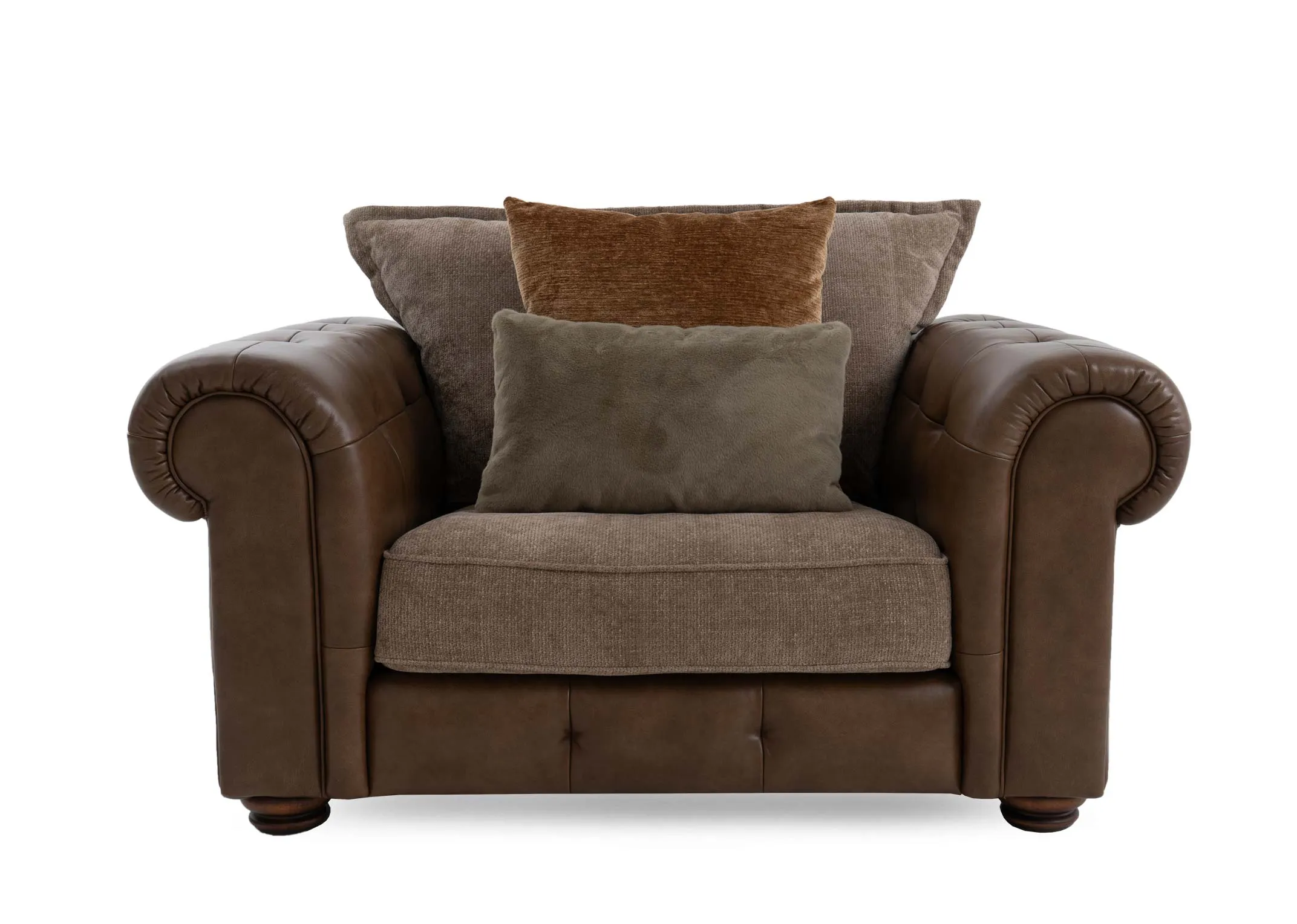 A brown cuddler with leather chesterfield frame and beige fabric seat and back cushion from EZ Livings Nepal range.Front view of fabric seats