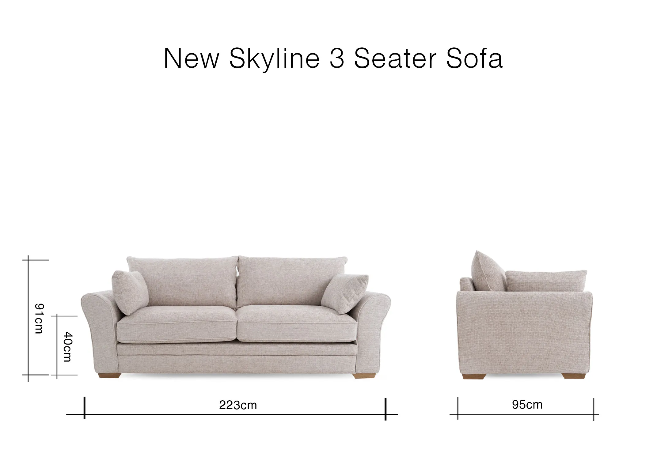 A dimension image of the Skyline 3 seater sofa with 223cm x 91cm x 95cm