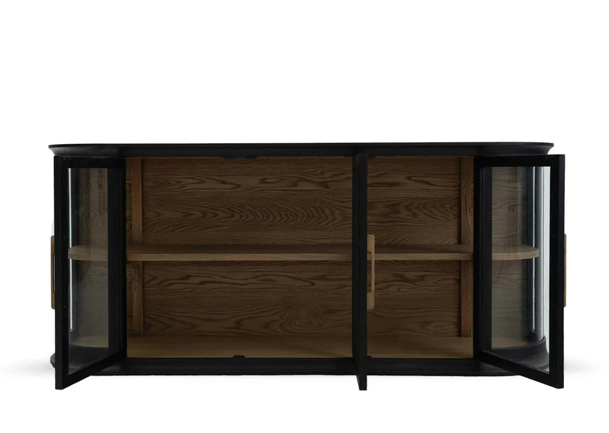 A black oak sideboard with 3 glass doors from EZ Livings Astoria range. Closeup of black frame