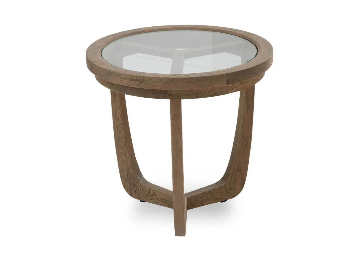 A round lamp table with oak frame and glass top from EZ Livings Alexis range. Angled view