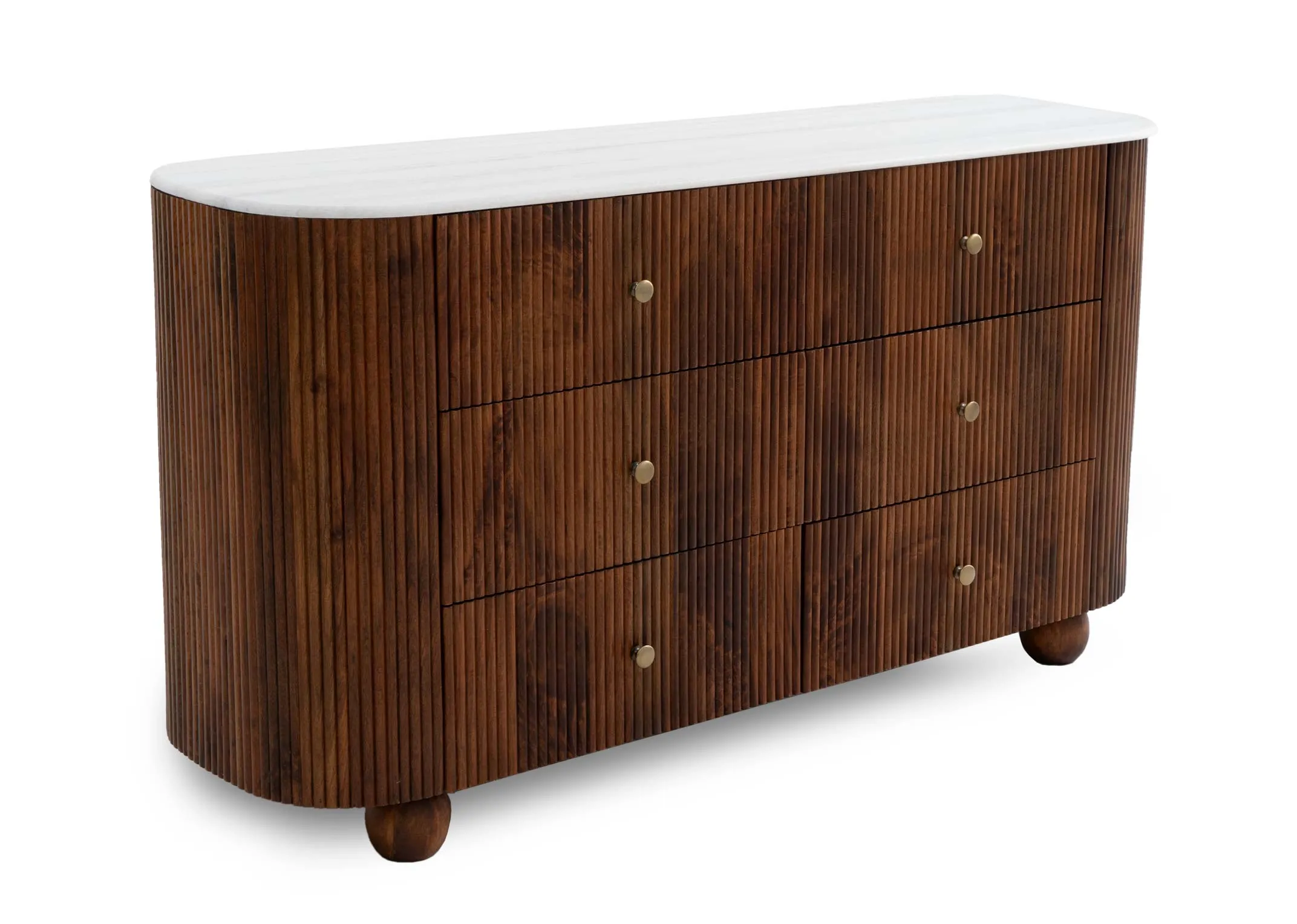 A 6 drawer mango wood dresser from EZ Livings Bunton range.  Angled view of marble top