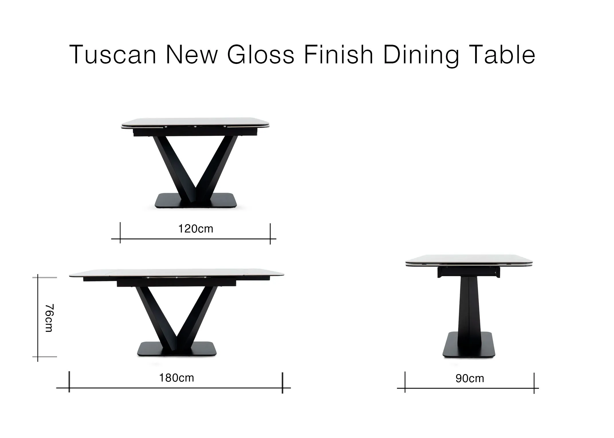 A dimension image of the Tuscan dining table with 120cm-180cm x 76cm x 90cm