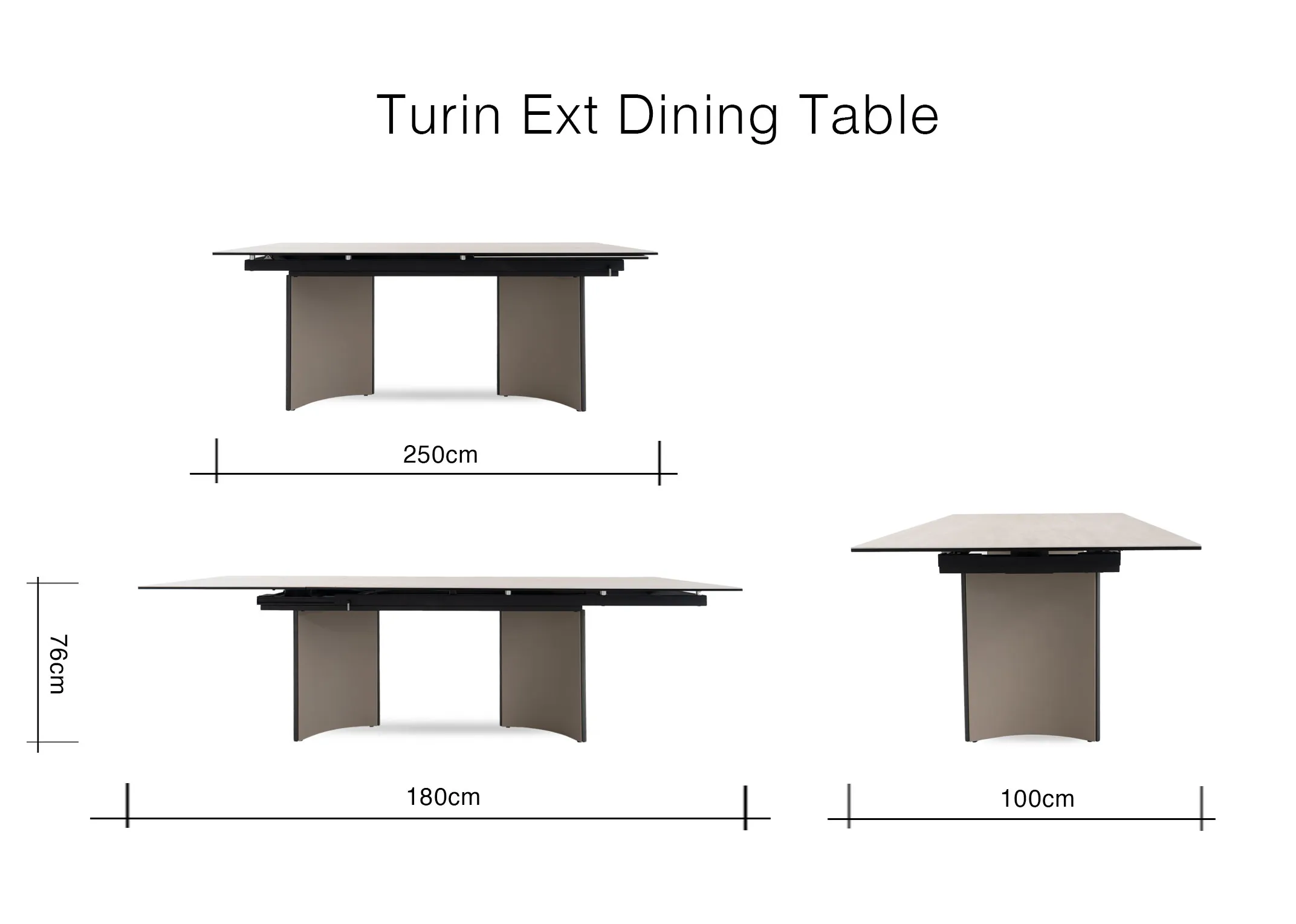 A beige ceramic table with revolving extension from EZ Livings Turin range.Front view of table extended