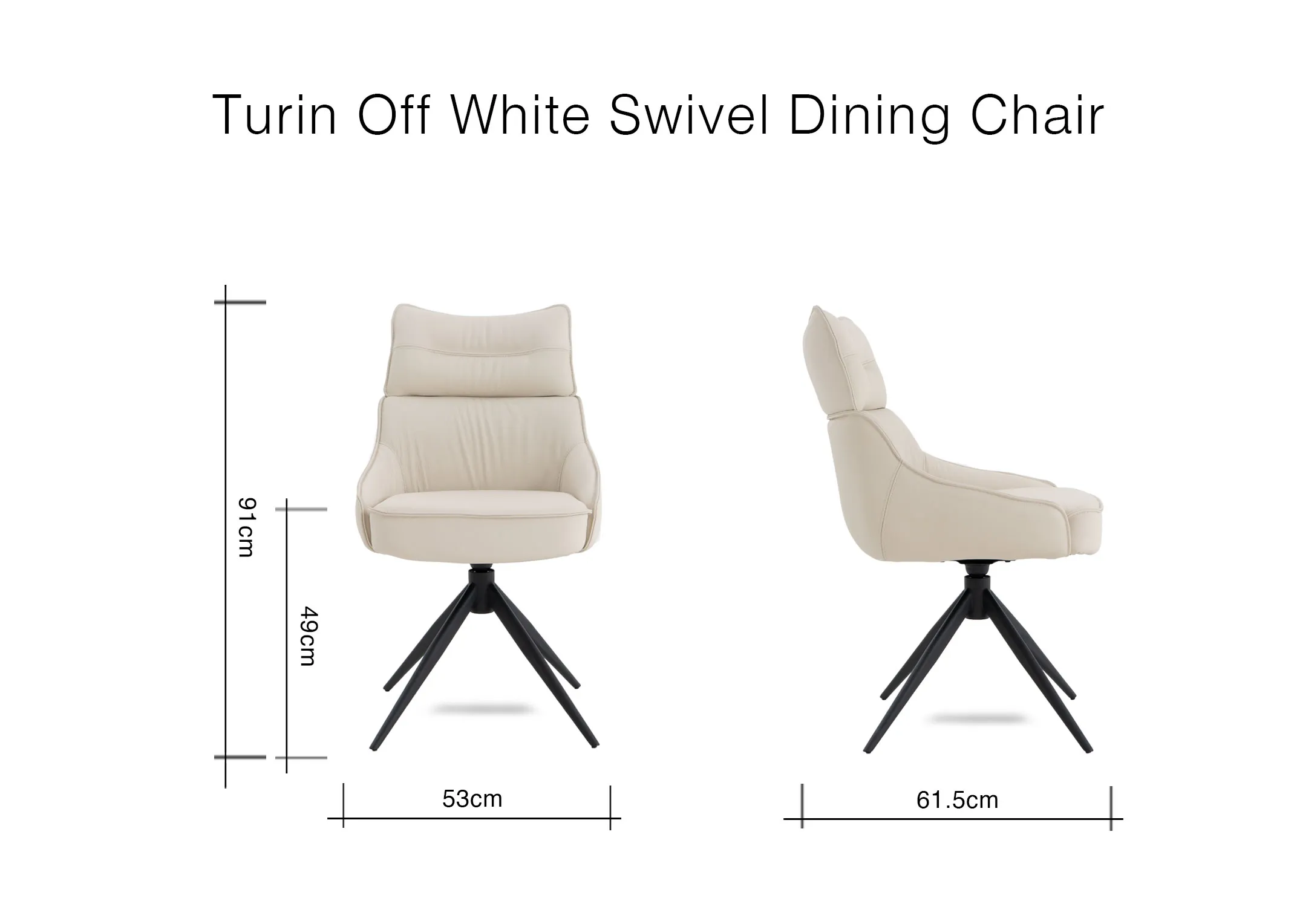 A dimension image of the Turin dining chair with 53cm x 61.5cm x 91cm