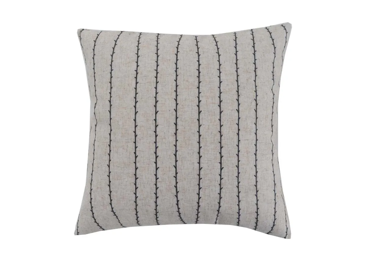 A grey linen cushion with black design from EZ Livings Wild Willow range. Front view