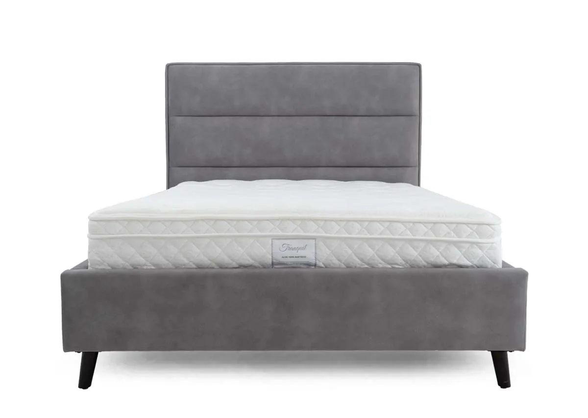 A light grey fabric bedframe from EZ Living Furniture. Front view shows headboard detailed horizontal seams