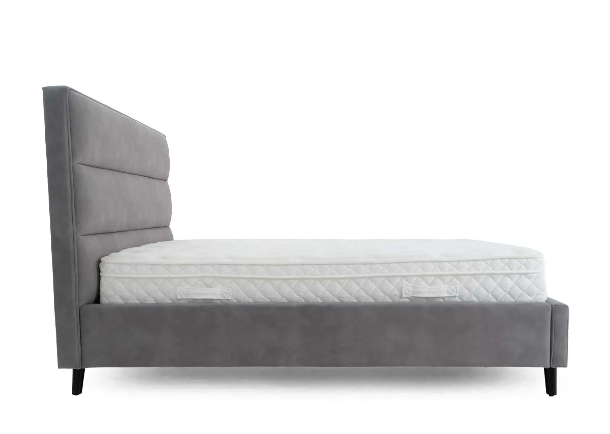A light grey fabric bedframe from EZ Living Furniture. Side view